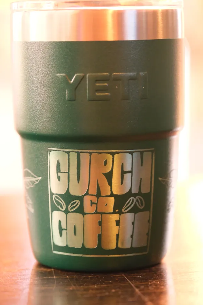 Green Yeti tumbler engraved with the Gurch Co. Coffee wordmark